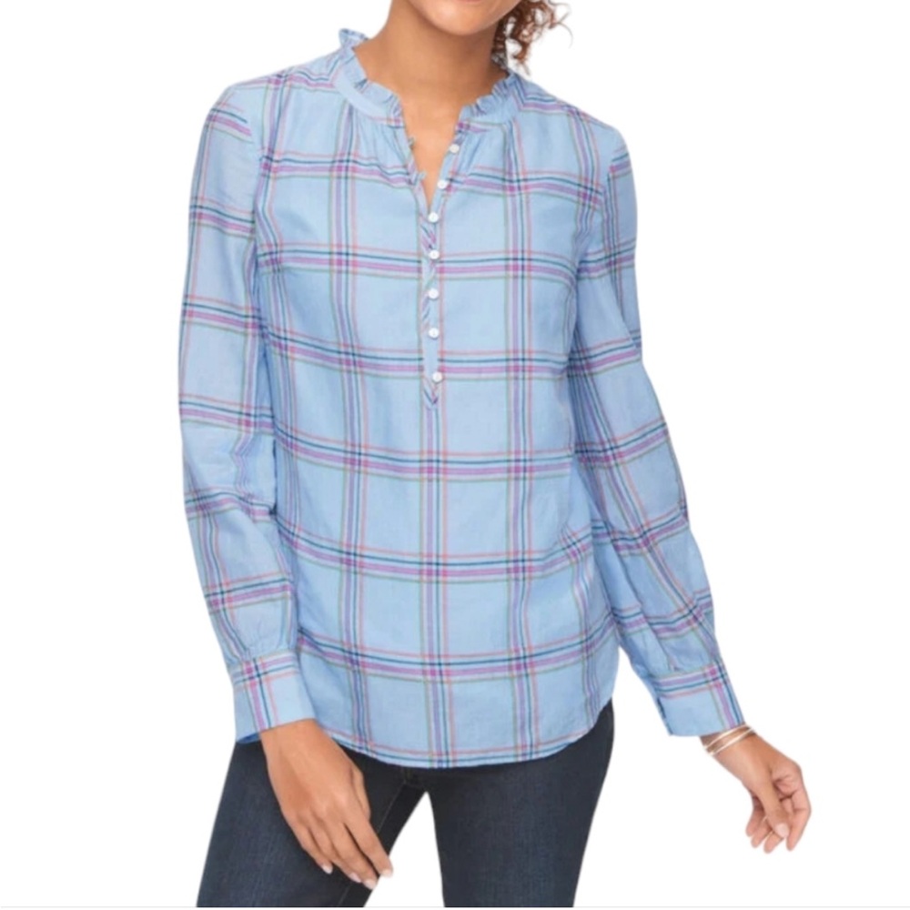 Talbot's Cotton Ruffle Collar Popover Long Sleeve Blouse in Blue Pink Plaid | 3X